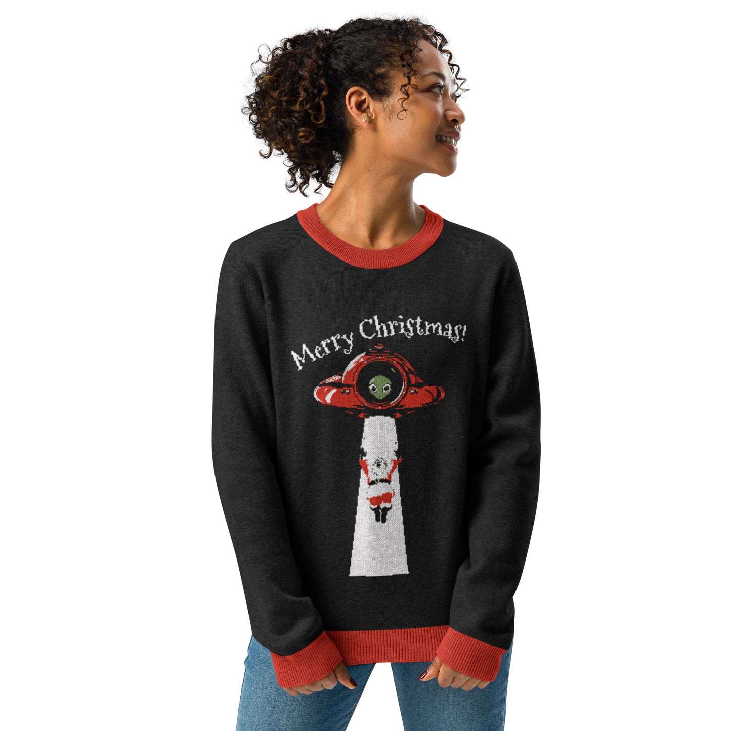 Ugly Christmas Sweater - Santa's Alien Abduction (Black and Red)
