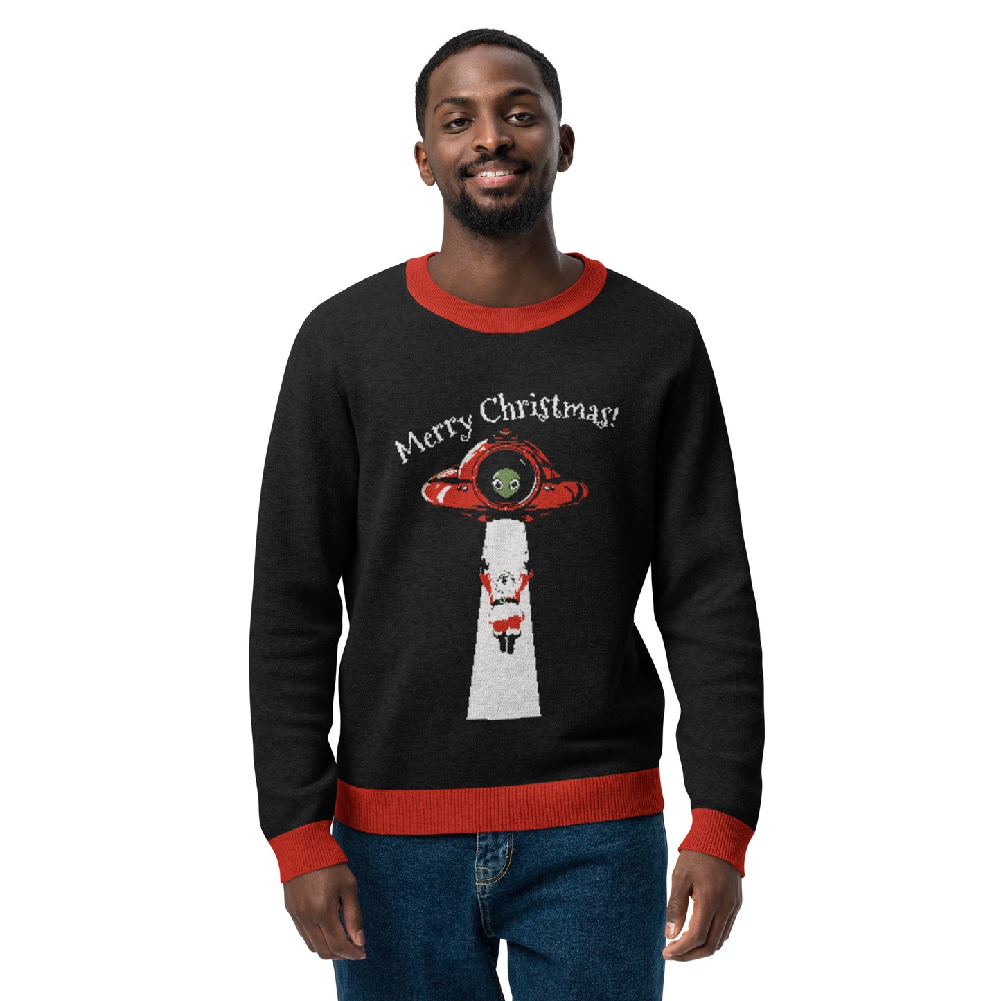 Ugly Christmas Sweater - Santa's Alien Abduction (Black and Red)