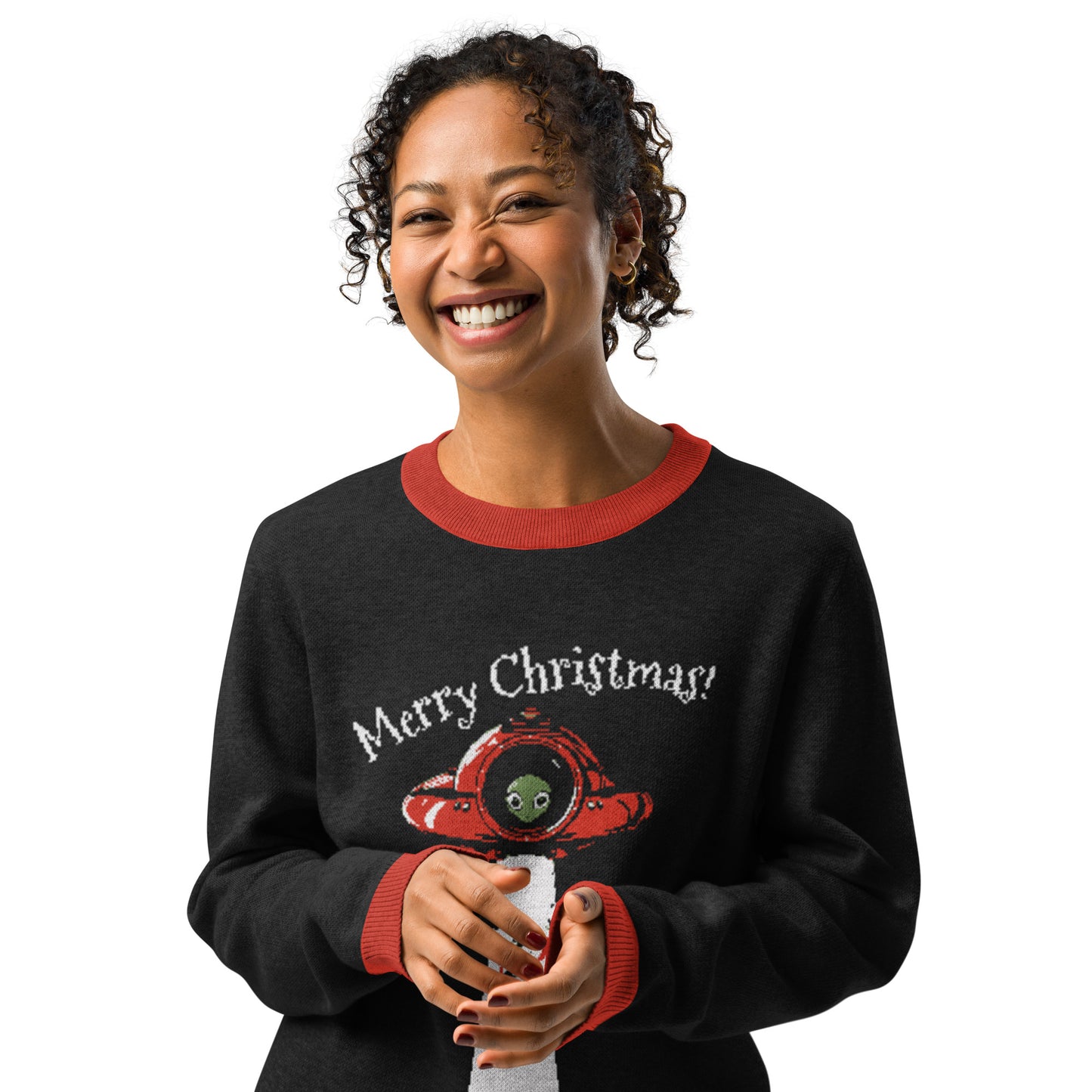 Ugly Christmas Sweater - Santa's Alien Abduction (Black and Red)