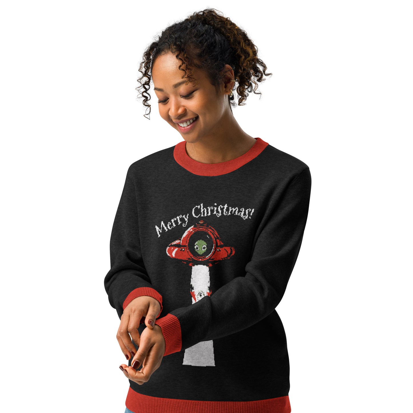 Ugly Christmas Sweater - Santa's Alien Abduction (Black and Red)